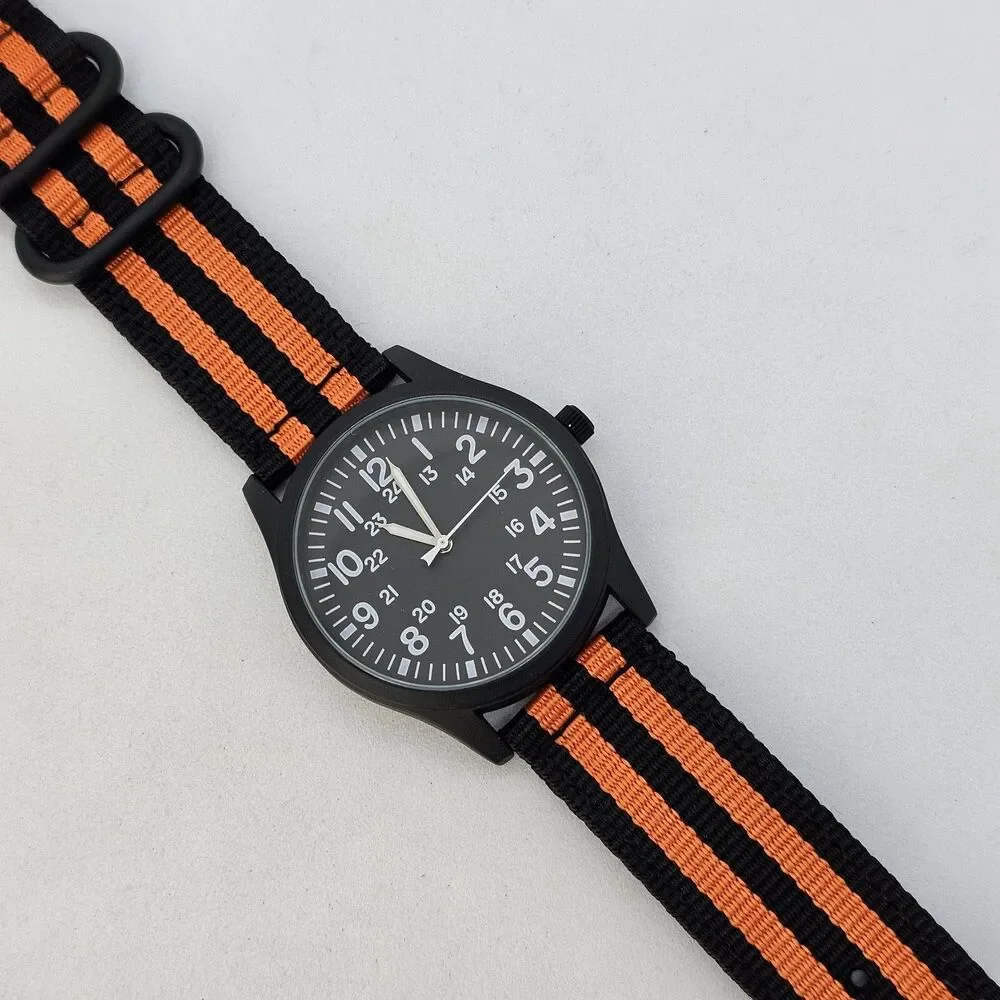 Field Military Men's Watch 42MM Black Case Dial Black Orange Canvas Band Straps‎ - Picture 2 of 16